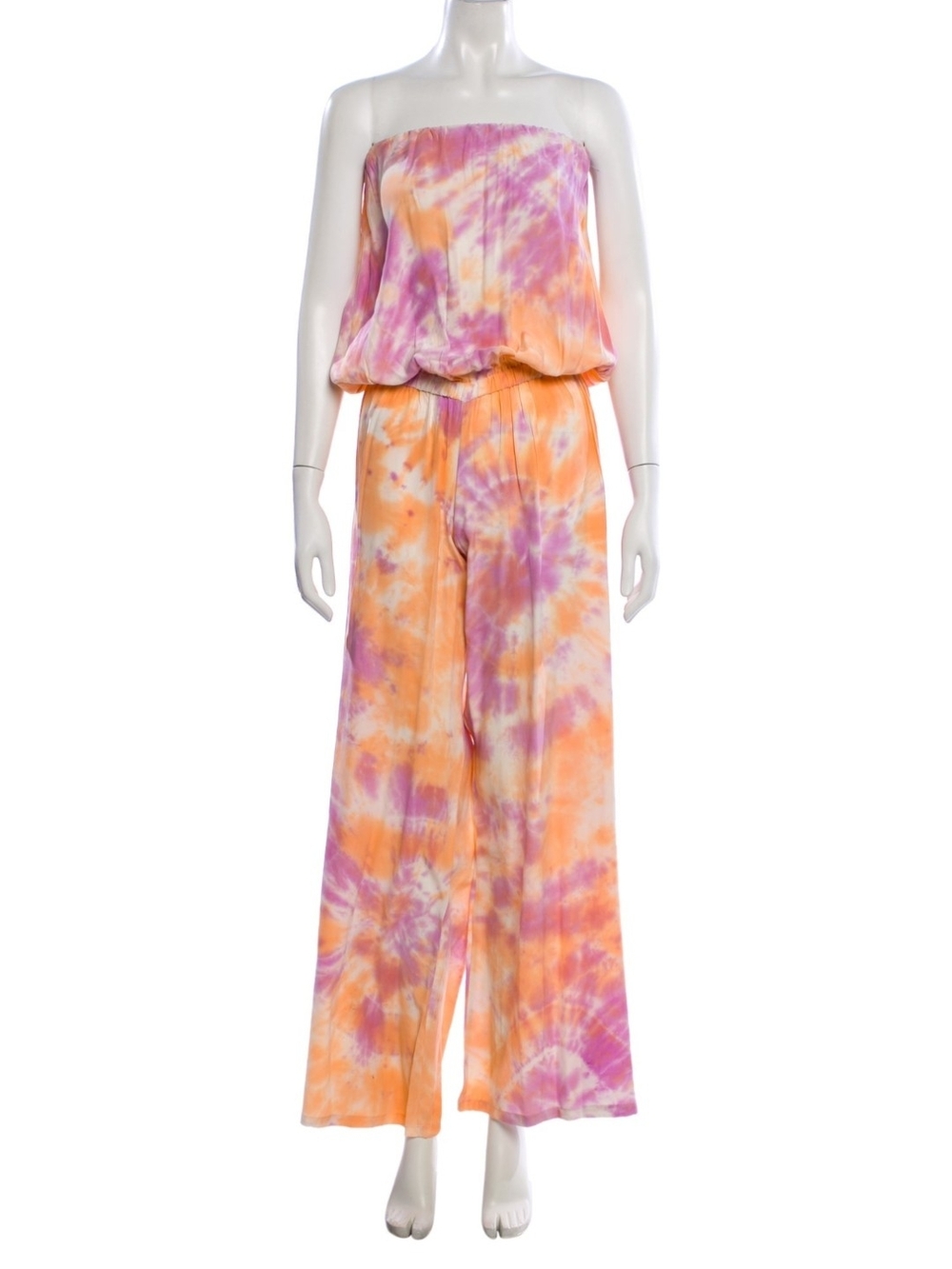 100% Silk ALEXIS Strapless Tie-Dye Wide Leg Jumpsuit - Orange & Purple